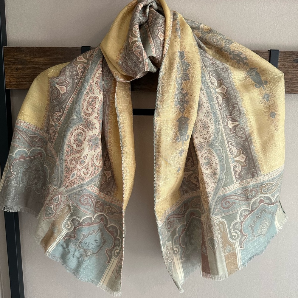 Etro Wool / Silk Paisley Wrap Scarf in Yellow and Sage